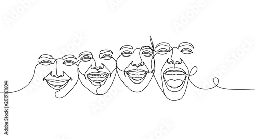 Konstfotografi Continuous Line Art of Diverse Faces Laughing, Expressing Joy and Happiness
