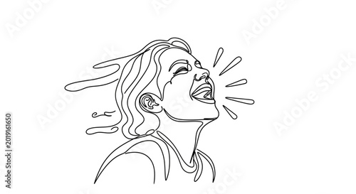 Photography Joyful Woman Laughing Out Loud, Continuous Line Art Portrait
