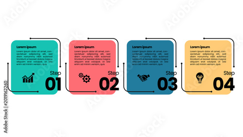 Foto Modern 4 step horizontal business infographic template featuring colorful rounded cards numbered one to four with icons for growth, process, teamwork, and ideas