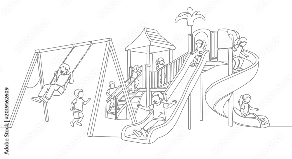 Fototapeta premium Children Playing on Playground Equipment: Swings and Slides - Line Art