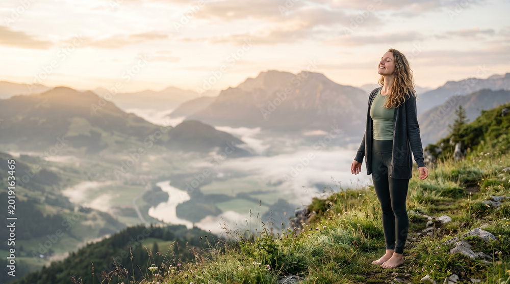 Naklejka premium Woman taking deep breaths of fresh morning air at mountain view perfect for mental health wellness and freedom concepts