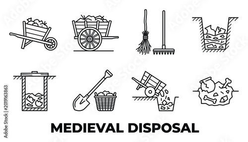 Medieval disposal methods icons outline set, waste management, cleaning tools, and garbage pits.