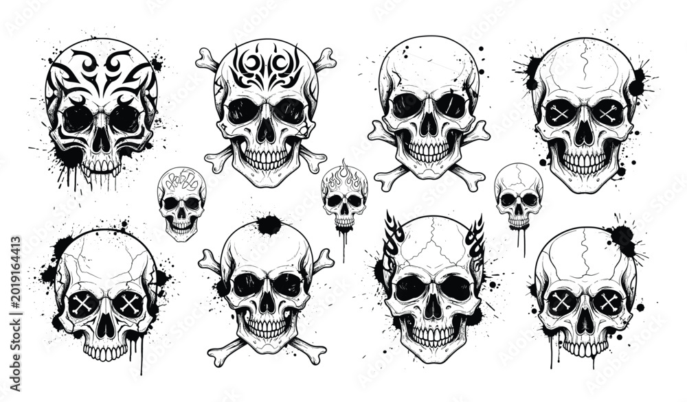 Fototapeta premium Collection of stylized human skulls with tribal patterns and ink splatters for dark themed graphics
