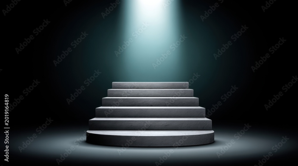 Obraz premium Dramatic Scene of a Spotlight Illuminating a Pedestal with Stairs in a Dark and Moody Environment for Stage or Presentation Use