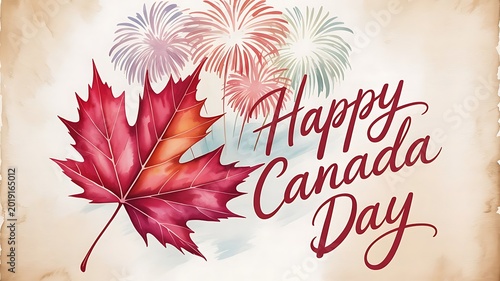 Happy canada day with a large red maple leaf and fireworks illustration national holiday illustration fireworks celebration canadian patriotic painting colorful abstract