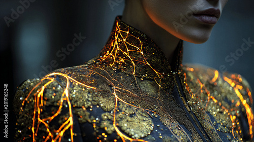Stylish Fashion Illustration Featuring Detailed Golden Patterns on a Black Outfit