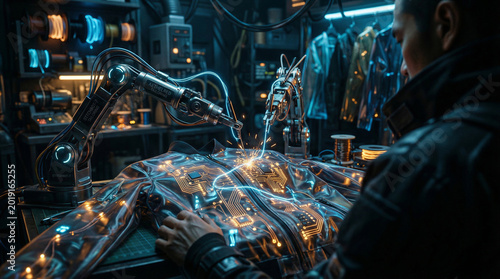 Futuristic Tech: Person works on advanced machine. The person is fixing the advanced machine in a workshop filled with high-tech equipment, circuits, and wires.