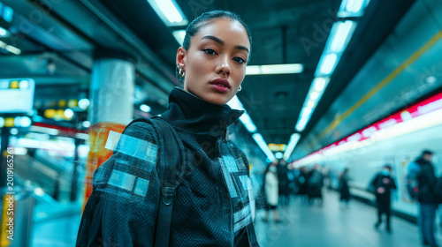 Stylish woman posing in a futuristic subway station setting