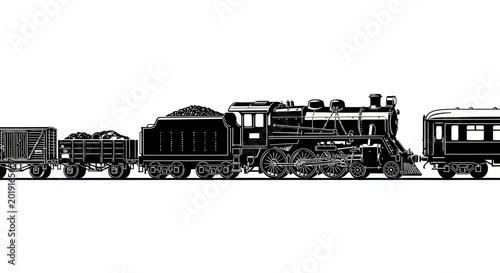 Schilderij op canvas Vintage Steam Locomotive with Coal Cars and Passenger Carriage