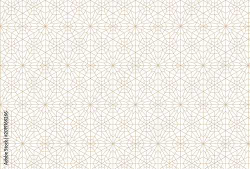 Seamless geometric pattern with thin light brown lines on white background featuring Islamic star motifs, girih art, and traditional Middle Eastern architectural lattice design.