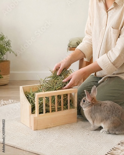 Person filling rabbit hay feeder with grass in cozy indoor setting  