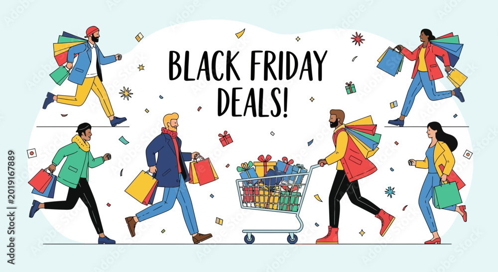 Fototapeta premium Black Friday Deals Illustration of Shoppers Running with Bags