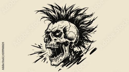 Punk Rock Screaming Skull with Mohawk Vector Illustration
