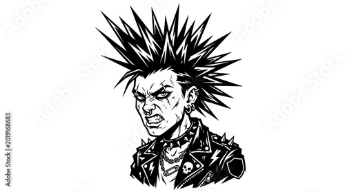Aggressive Punk Rocker with Spiky Mohawk Vector Illustration