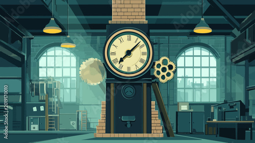 An old workshop centers on a giant clock with gears and rustic machinery nearby