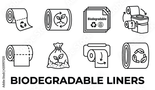 Biodegradable liners icons set in line art style for eco friendly toilet paper roll vector.
