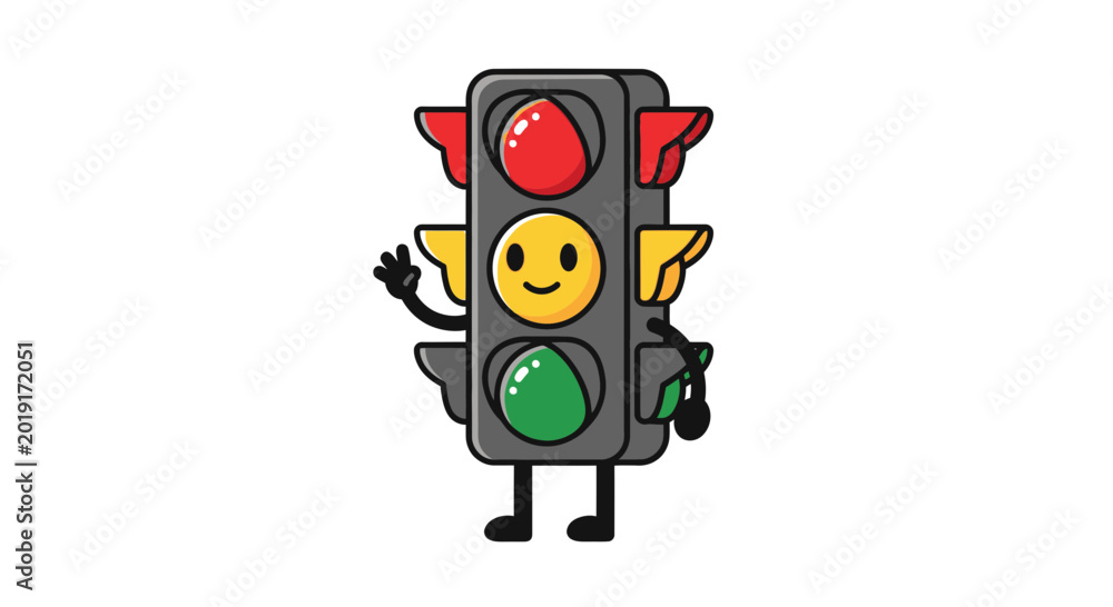 Εκτύπωση καμβά Happy Traffic Light Character Waving, Cute Cartoon