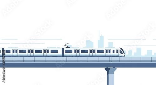 Schilderij op canvas Modern Metro Train on Elevated Track with City Skyline Background