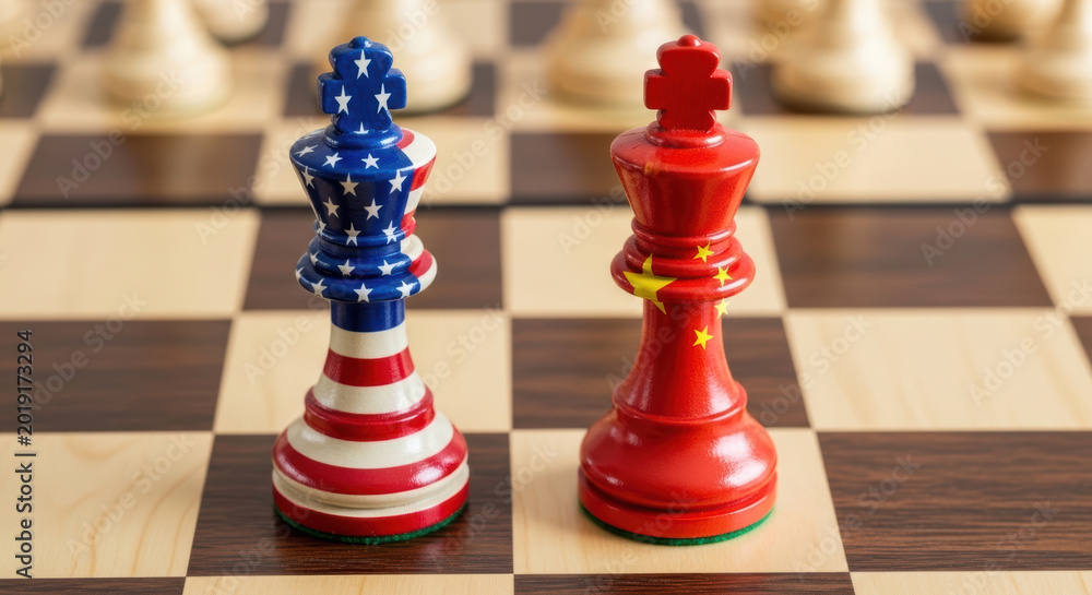 Fototapeta premium US chess piece China chess piece trade tensions concept with red and blue king on chessboard