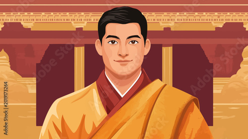 Portrait of a young man in golden robes before an ancient temple, backdrop dusk