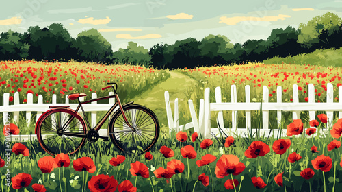 Rural landscape with a rustic bicycle leaning against a white picket fence, surrounded by vibrant red poppies and green foliage, a farmhouse in the distance beneath a serene blue sky with soft clouds