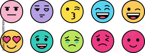 A collection of ten vibrant, cartoon-style emoticons displaying a range of emotions from joy and love to sadness and anger on a white background.