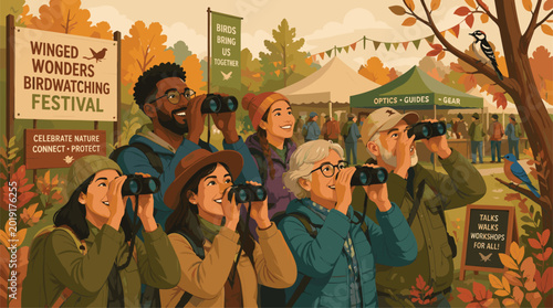 Bild auf Leinwand Diverse Group Birdwatching Festival Event, Nature Enthusiasts Binoculars Outdoor