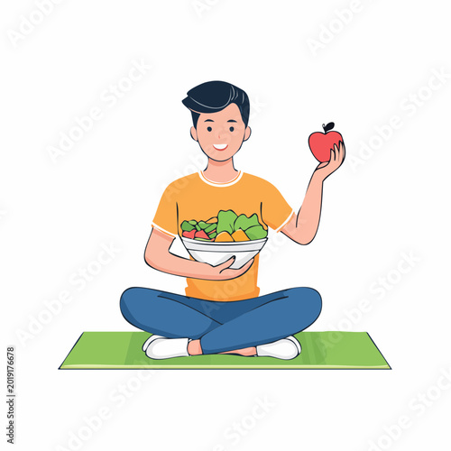 Man Holding Salad Bowl and Apple, Sitting on Yoga Mat