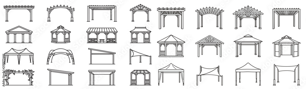 Fototapeta premium Collection of outdoor shelter and canopy designs for gardens and events