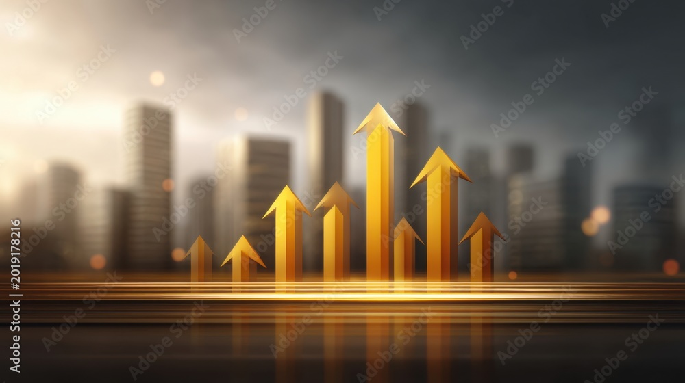 Fototapeta premium Golden Arrow Growth Chart on Blurred City Background Representing Business Success and Financial Progress in Stock Market Investments