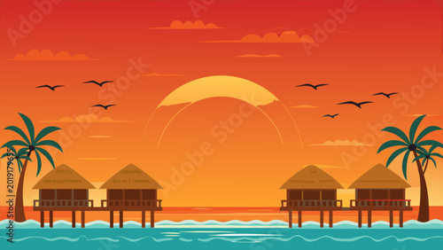 Tableau sur toile tropical beach huts at sunset vibrant vector illustration