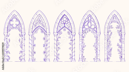 Schilderij op canvas five ornate purple line art arches with floral details