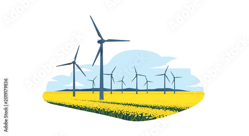 Wind turbines in a blooming yellow rapeseed field under blue sky