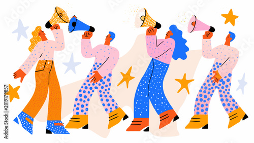 stylized people with megaphones colorful vector illustration on white background