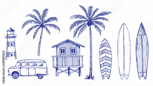 beach scene illustration with lighthouse surfboards and vintage van