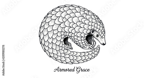 Quadro su tela Pangolin curled up in ball, hand-drawn illustration, unique animal, endangered s