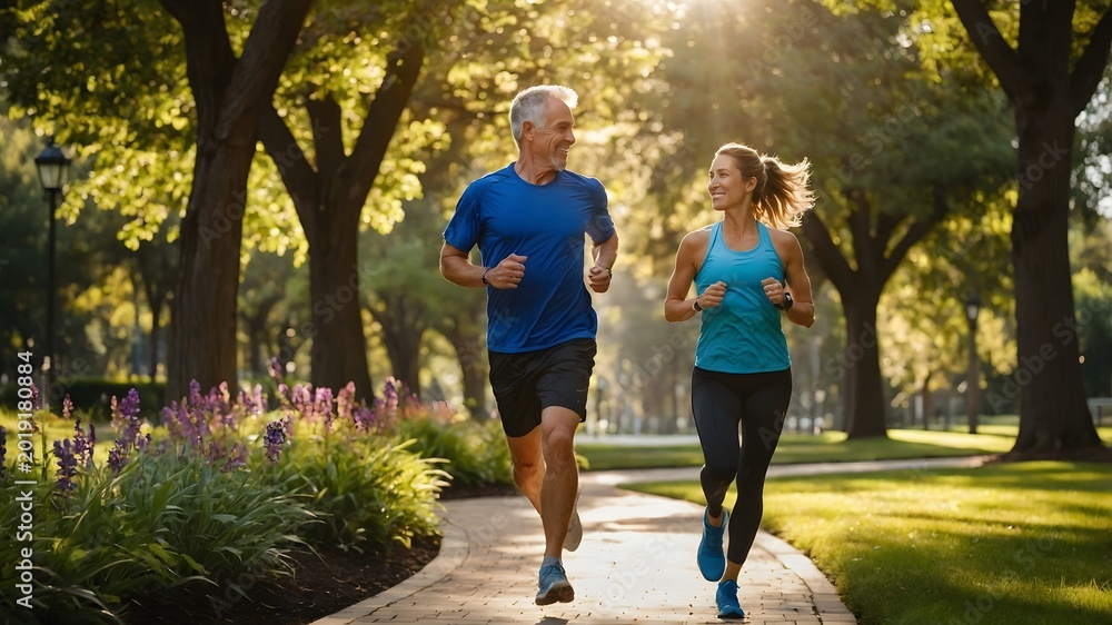 Fototapeta premium Asian Senior Man Running By Waterfront City