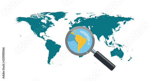 Global world map with focus on South America via magnifying glass