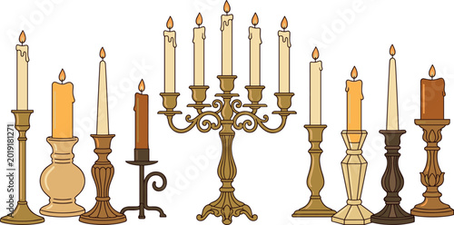 Fotografía Vintage brass candelabra and antique candlestick collection with burning wax candles for elegant home decor and holiday celebration lighting vector