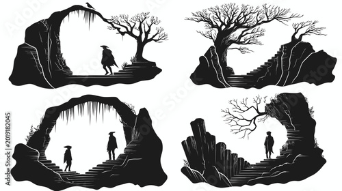 Black and white silhouette illustrations depicting figures in cloaks within caves, near trees and stairways