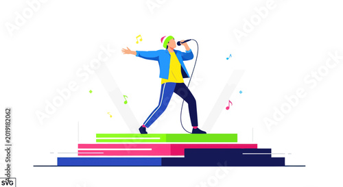Foto Energetic Singer Performing on Stage with Microphone and Music Notes