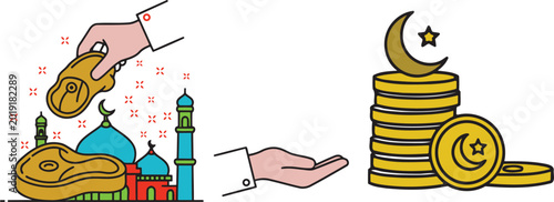 Tableau sur toile Zakat donation concept with gold coins crescent moon and mosque illustration