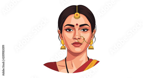 Indian Woman Wearing Traditional Gold Jewelry and Saree Portrait