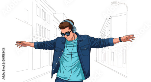 Stylish young man with headphones dancing on a minimalist city street