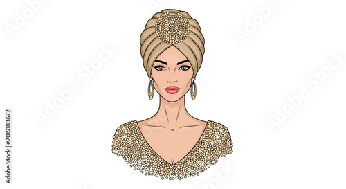 Elegant Woman in Gold Turban and Sequin Dress