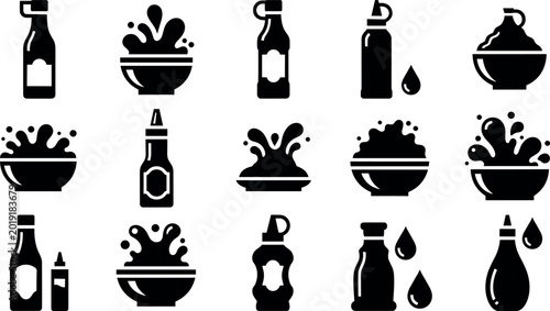 Canvas Print Set of sauce and condiment icons featuring bottles bowls and liquid splashes in black silhouette style for restaurant menus or food packaging vector illustration