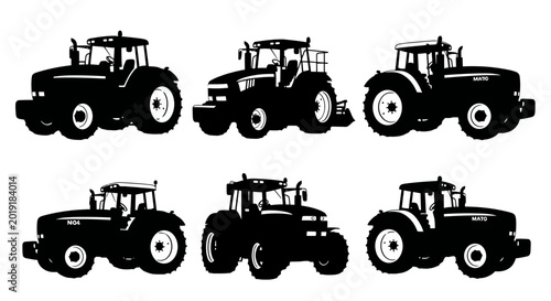 Modern agricultural tractor silhouettes for farming industry icons