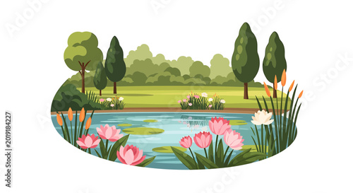Garden pond with blooming pink lotus flowers and lush green trees