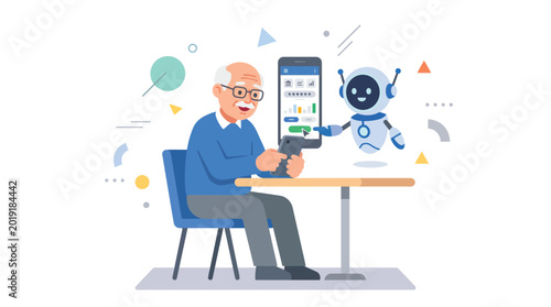 Foto Senior man interacting with a virtual assistant robot on a computer screen