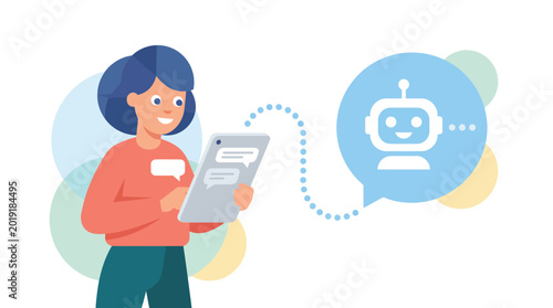 Fotografía Young woman interacting with a conversational chatbot on a tablet device